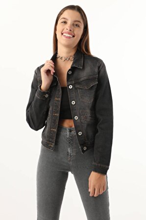 Kadın Cep Detaylı Slim Fit Jean Ceket Siyah