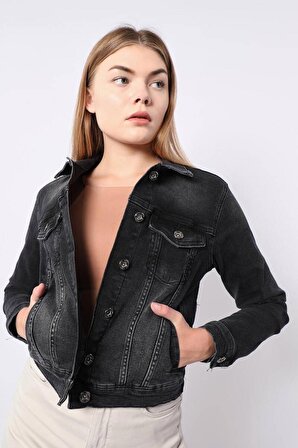 Kadın Antrasit Slim Fit Jean Ceket