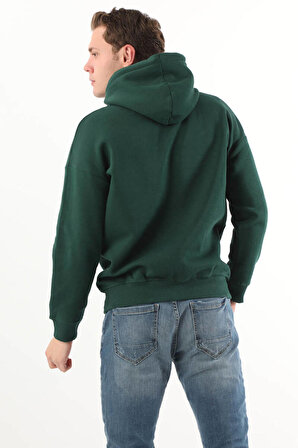 Erkek Baskılı Kapüşonlu Şardonlu Sweatshirt Yeşil