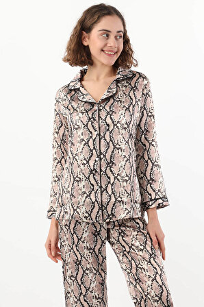 Kadın Desenli İkili Pijama Takımı Kahverengi