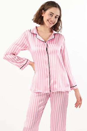 Kadın Çizgili Pijama Takımı Pembe