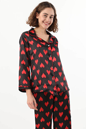 Kadın Kalp Desenli Pijama Takımı Siyah