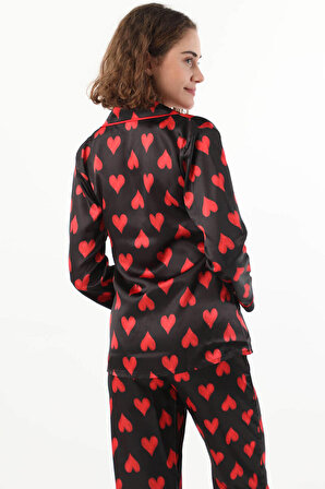 Kadın Kalp Desenli Pijama Takımı Siyah