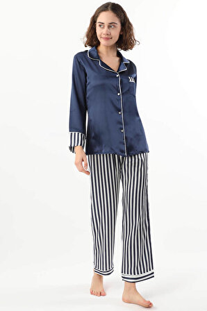 Kadın Çizgili İkili Pijama Takımı Lacivert