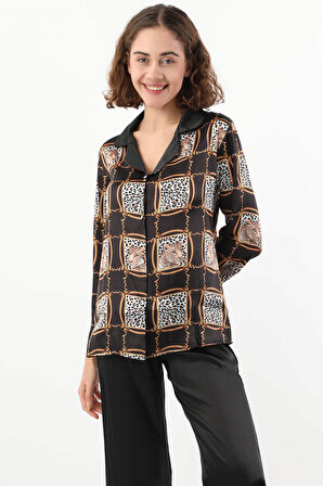 Kadın Leopar Desenli Pijama Takımı Siyah