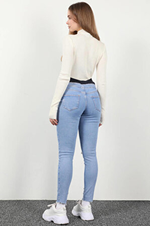 Kadın Yüksek Bel Düğmesiz Skinny Fit Hamile Jean Pantolon Açık Mavi