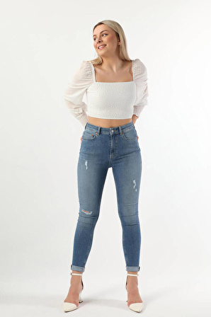 Kadın Yüksek Bel Yırtık Detaylı Likralı Skinny Fit Jean Pantolon Mavi