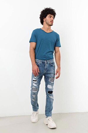Erkek Yırtık Detaylı Slim Fit Jean Pantolon Mavi