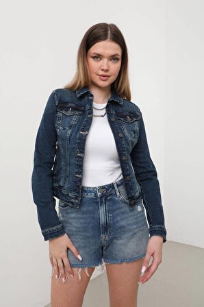 Kadın Cep Detaylı Jean Ceket Mavi