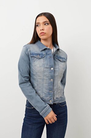 Kadın Düğmeli Likralı Jean Ceket Mavi