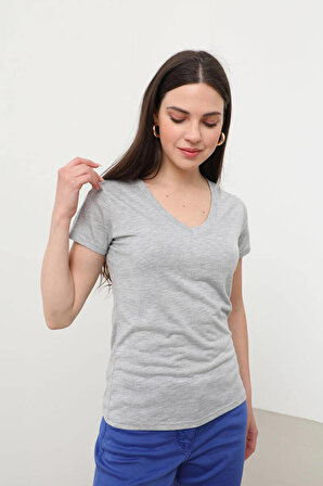 Kadın V Yaka Basic T-Shirt Gri