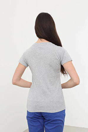 Kadın V Yaka Basic T-Shirt Gri