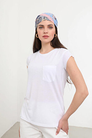 Kadın V Yaka Cepli Basic T-Shirt Beyaz