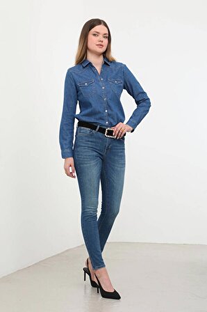 Kadın Likralı Orta Bel Jean Pantolon Mavi