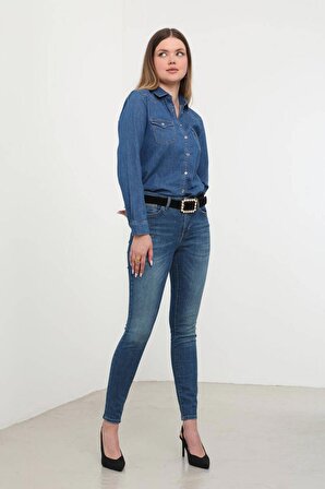 Kadın Likralı Orta Bel Jean Pantolon Mavi