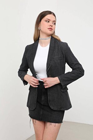 Kadın Uzun Kollu Tek Düğmeli Jean Ceket Antrasit
