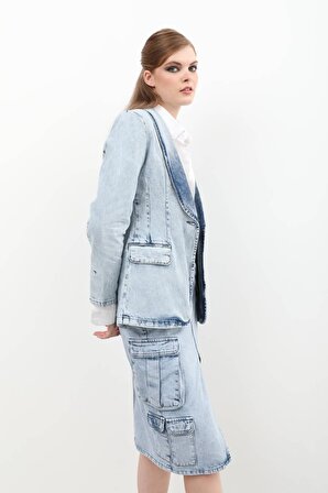 Kadın Uzun Kollu Tek Düğmeli Jean Ceket Buz Mavi