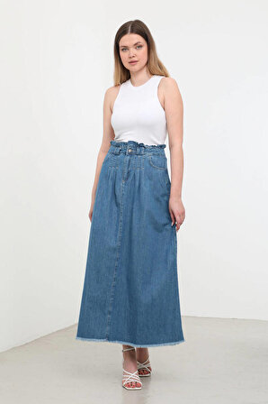 Kadın Yüksek Bel Uzun Jean Etek Mavi