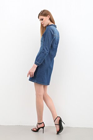 Kadın Uzun Kollu Düğmeli Jean Elbise Koyu Mavi