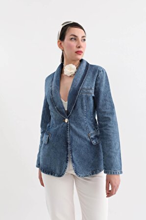 Kadın Uzun Kollu Tek Düğmeli Jean Ceket Mavi