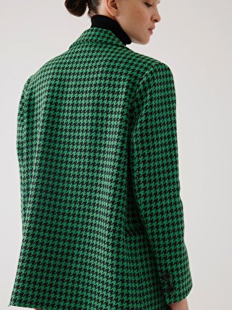 Kazayağı Desen Kruvaze Yeşil Oversize Blazer Ceket