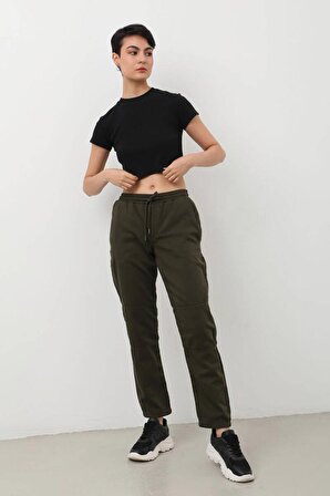 Kadın Slim Fit Beli Lastikli Likralı Pantolon Haki
