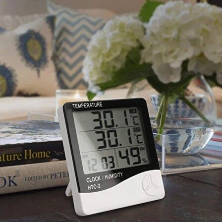 BUFFER® İç Ortam ve Dış Ortam Sıcaklığını Ölçebilen LCD Ekranlı Saat Göstergeli Alarmlı Nem Ölçer