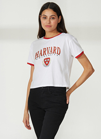 Never Say Never Harvard Baskılı Beyaz Kadın T-Shirt BYL3033