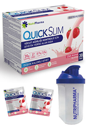 Quick Slim Yüksek Proteinli Öğün Tozu, 30 Öğün Shake + Protein Shaker, Çilek Aromalı