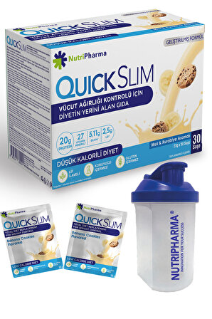 Quick Slim Yüksek Proteinli Öğün Tozu, 30 Öğün Shake + 1 Protein Shaker, Muz&Kurabiye Aromalı