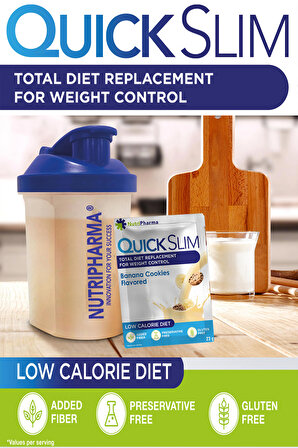 Quick Slim Yüksek Proteinli Öğün Tozu, 30 Öğün Shake + 1 Protein Shaker, Muz&Kurabiye Aromalı