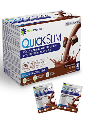 Quick Slim Kilo Verme Amaçlı Öğün Shake, 30 servis, Çikolata Aromalı, 20g Protein, 27 Vitamin Mineral ve Diyet Lifi içeren Öğün Tozu