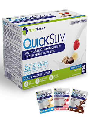 Quick Slim Kilo Verme Amaçlı Öğün Tozu, 30 porsiyon, 20g Protein, 27 Vitamin Mineral, Diyet Lifi İçeren Öğün Shake (Mix Kutu)