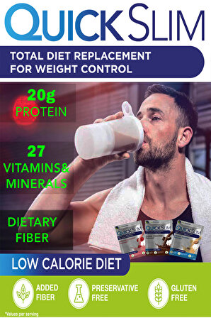 Quick Slim Kilo Verme Amaçlı Öğün Tozu, 30 porsiyon, 20g Protein, 27 Vitamin Mineral, Diyet Lifi İçeren Öğün Shake (Mix Kutu)