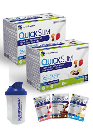Quick Slim Yüksek Proteinli Öğün Tozu, 60 Öğün Shake, Shaker Hediye (2 Kutu Quick Slim Mix + 1 shaker)