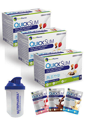 Quick Slim Yüksek Proteinli Öğün Tozu, 90 Öğün Shake, Shaker Hediye (3 Kutu Mix + 1 shaker )