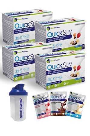 Quick Slim Yüksek Proteinli Öğün Tozu, 120 Öğün Shake, Shaker Hediye (4 Kutu Quick Slim Mix + 1 shaker)