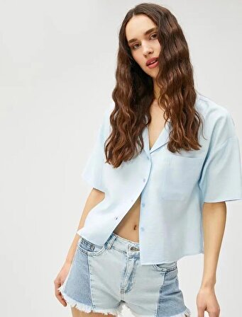 Kadın Giyim Kısa Kollu Gömlek Rahat Kesim Cep Detaylı Düğmeli 3SAL60008IW AÇIK Mavi