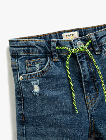 Dar Paça Beli Bağlamalı Yıpratılmış Kot Pantolon - Skinny Jean