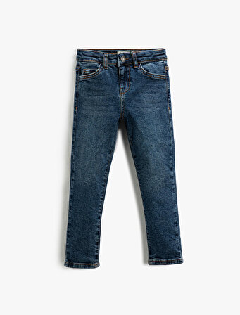 Kot Pantolon Düz Paça Normal Bel Pamuklu - Straight Jean  Beli Ayarlanabilir Lastikli 