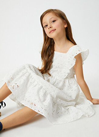 Koton Düz Beyaz Kız Çocuk Diz Altı Elbise 3SKG80026AW