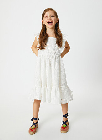 Koton Düz Beyaz Kız Çocuk Diz Altı Elbise 3SKG80026AW