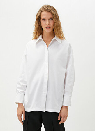 Koton Standart Sivri Yaka Düz Kırık Beyaz Kadın Gömlek 3SAK60083UW