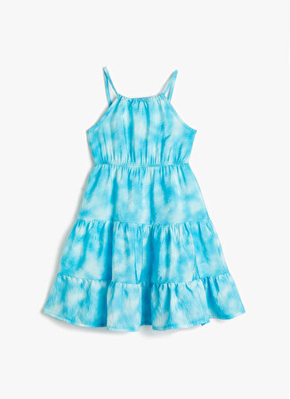 Koton Mavi Kız Çocuk Kare Yaka Askılı Uzun Desenli Elbise 3SKG80086AW