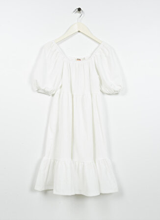 Koton Kayık Yaka Kız Çocuk Diz Altı Desenli Beyaz Elbise 3SKG80090AK