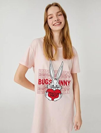 Kadın İç Giyim Bugs Bunny Lisanslı Gecelik Bisiklet Yaka Kısa Kollu 3SLK60011MK Pembe
