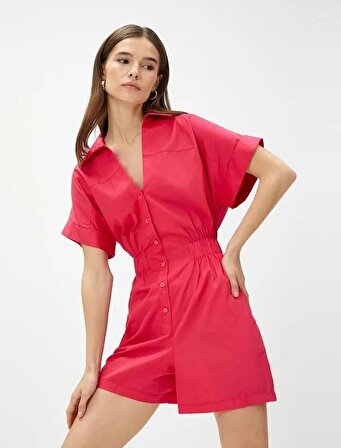 Kadın Giyim Şortlu Tulum Kısa Kollu Düğmeli Gömlek Yaka 3SAK40106PW Fuşya