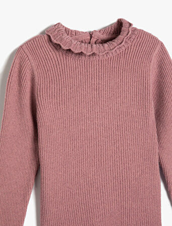 Basic Sweatshirt Dik İşlemeli Yaka Arkadan Düğmeli Uzun Kollu