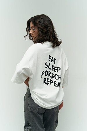 Eat Sleep Beyaz Oversize T-Shirt
