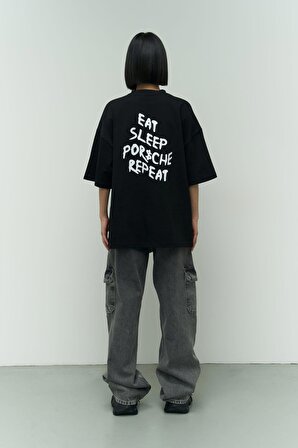 Eat Sleep Siyah Oversize T-Shirt